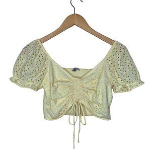 Hollister Crop Top Eyelet Lace Baby Doll Cap Sleeve Butter Yellow Women's Size S